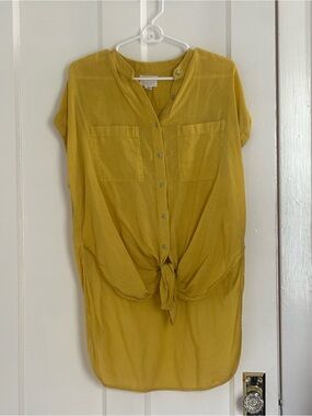 Button-Front Tie Hem Blouse - Mustard Yellow